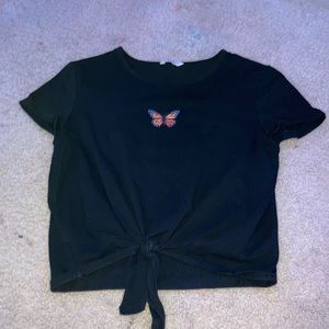 Black monarch butterfly tie front T-shirt